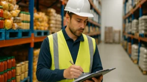 Professionista della logistica agroalimentare che coordina le operazioni in un centro di distribuzione alimentare