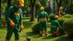 Operatori del verde urbano con dispositivi di protezione individuale durante un intervento in cantiere
