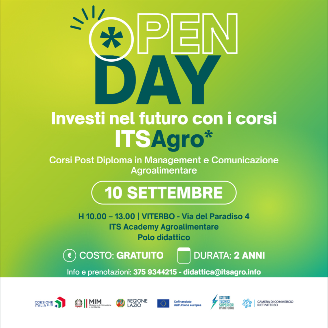 Open day ITS Agro 2026: il 10 settembre a Viterbo e il 15 a Roma